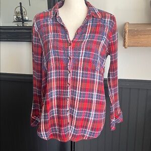 Free People Red and Blue Plaid Button Down Shirt with Embroidery